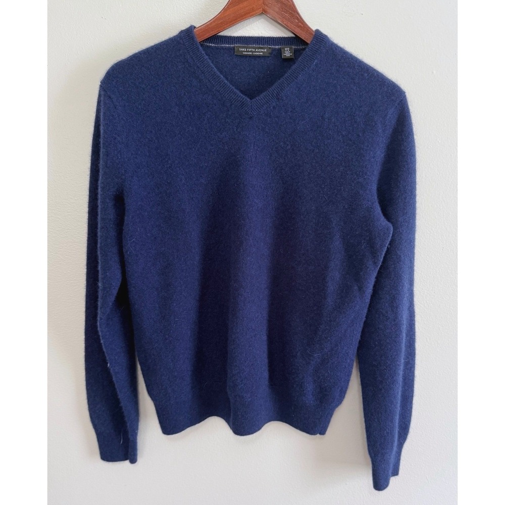 Saks‎ Fifth Avenue Mens Navy Blue 100% Cashmere V-Neck Sweater Size Large